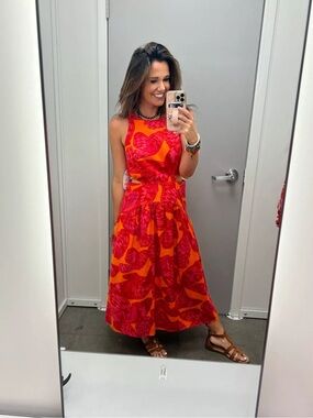 Scoop Sleeveless Red & Orange Floral Midi Dress